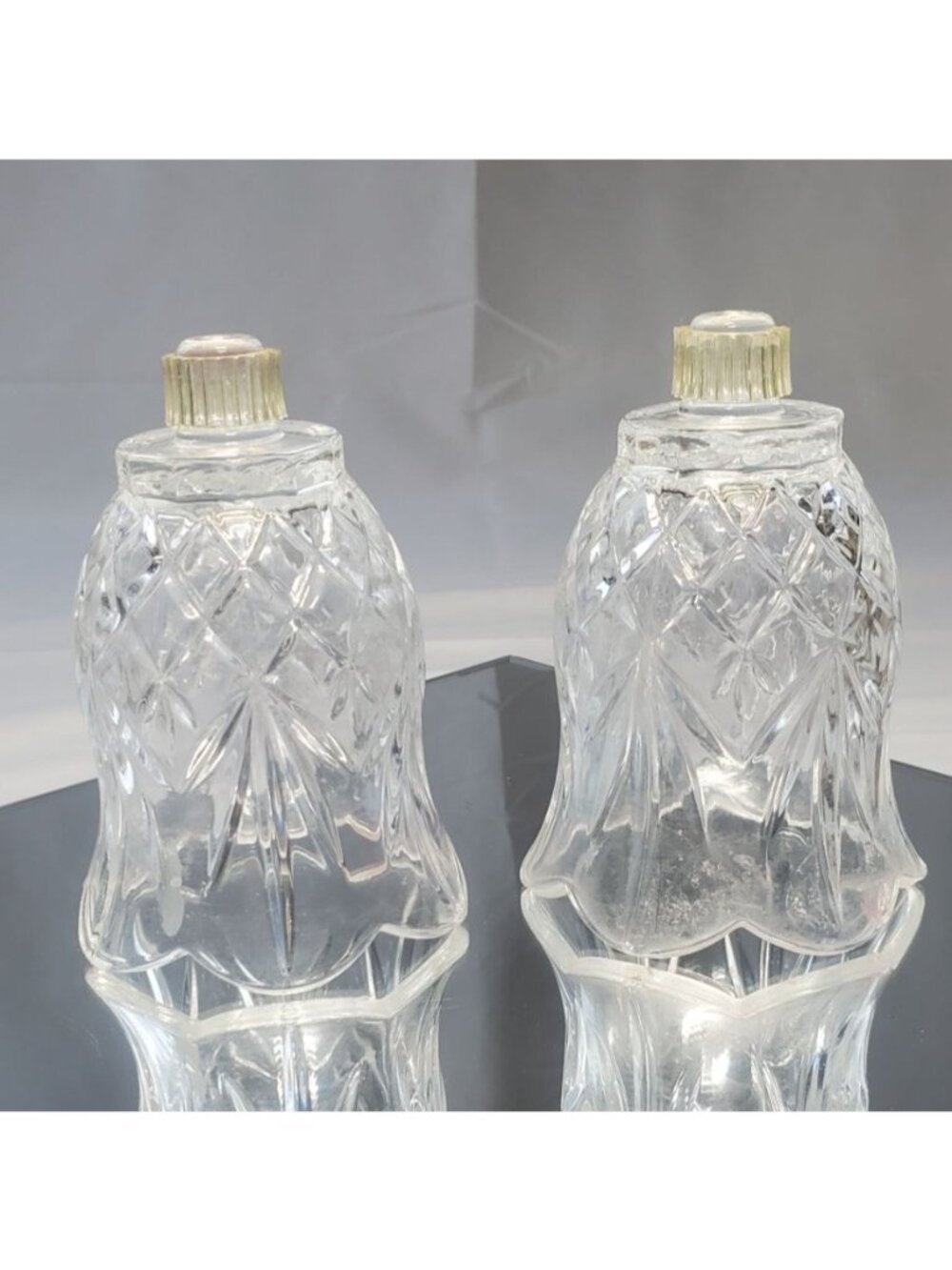 Vintage Peg Votive Cup Candle Holder Clear Glass Diamond Cut 5" Set of 2